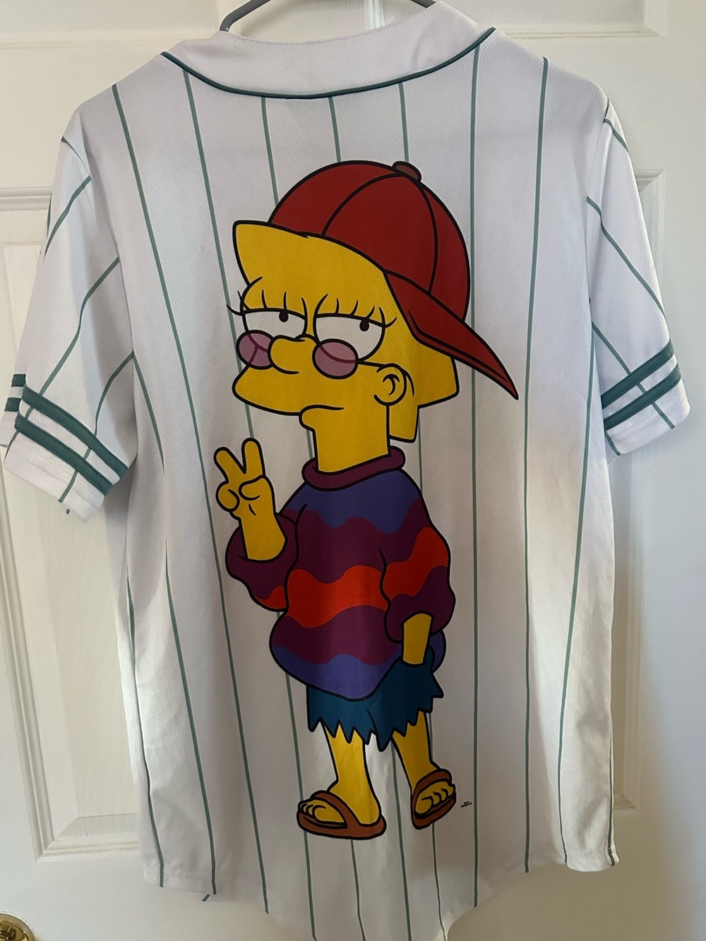 White Pinstripe Button-Down Shirt with Lisa Simpson Graphic